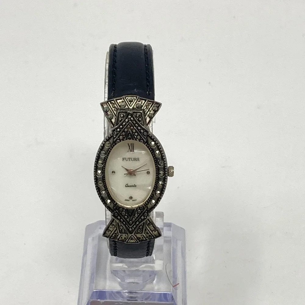 Vintage Futura Women's Watch Marcasite 22mm Silver Tone MOP Oval New Battery 8